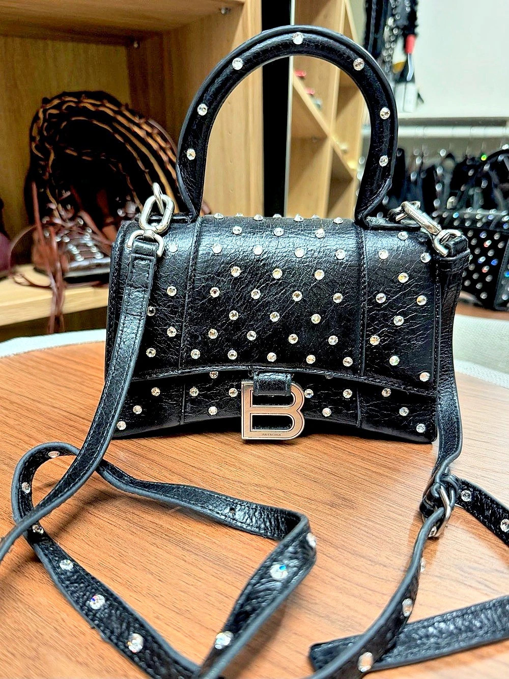 Balenciaga Hourglass XS Top Handle Bag with Rhinestones Rhinestone Black
